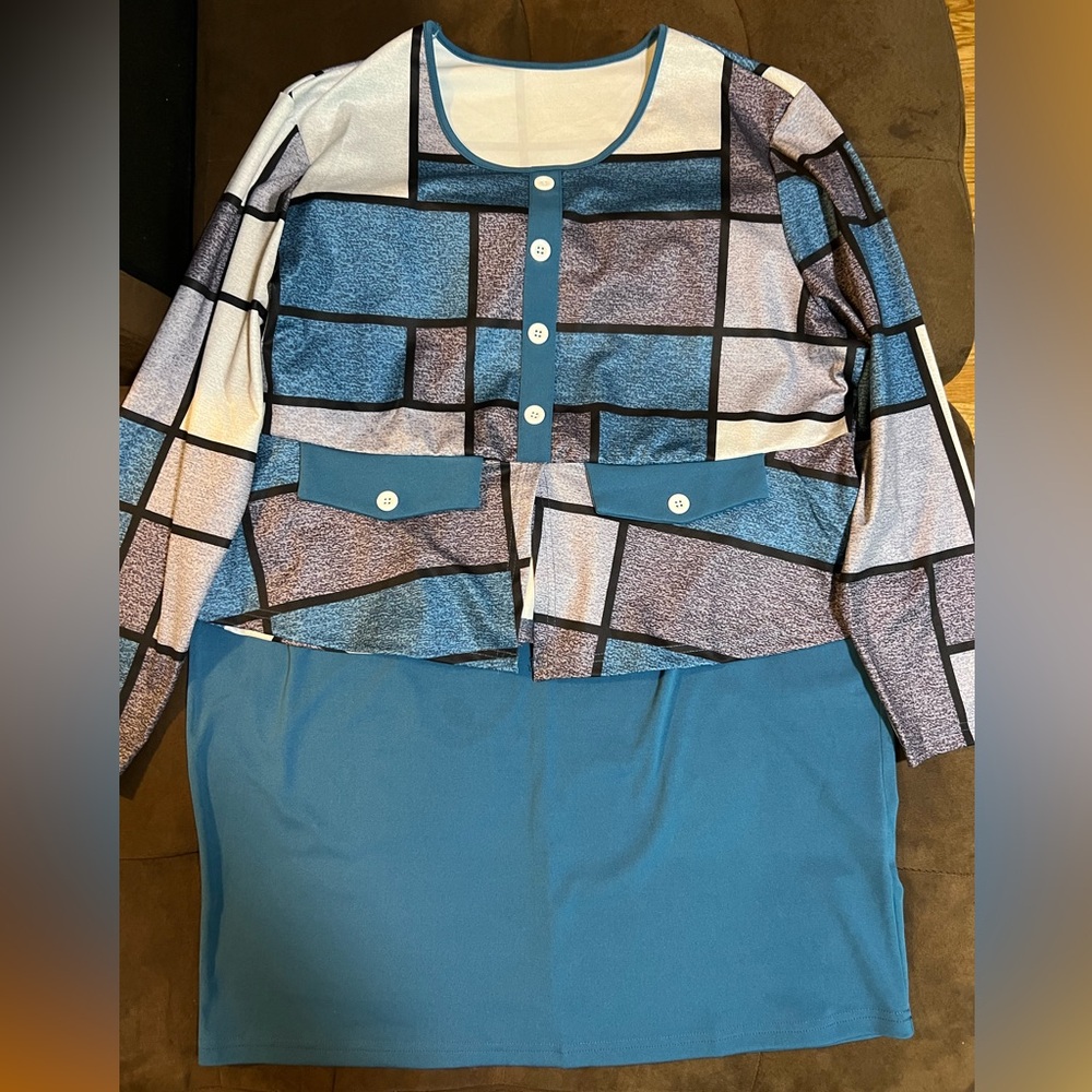 Blue Black Geometric Blouse 2 Piece Skirt Set Size 3XL